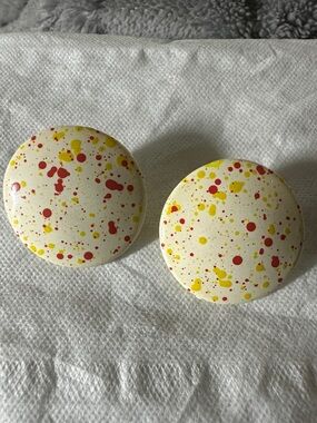 Cream Round Earrings with Yellow & Red Splatter